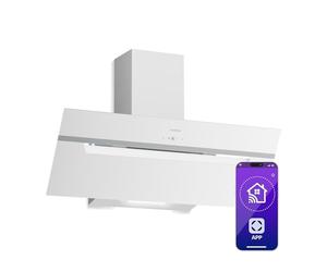 Klarstein BigBite Cappe Inclinate 90cm - Cappa Angolare, 417 m³/h Boost, Touch, LED 3 Velocità, Filtro Carbone, Scarico & Ricircolo, Design Vetro, Cappa Cucina Moderna, Bianco