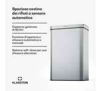 Cestino a sensore touchless, 50L, in acciaio inox, con soft close, a batteria, timer, con display a LED