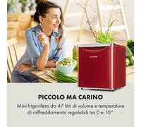 KLARSTEIN Yummy - Frigorifero con comparto congelatore, refrigerante: R600a, 42 dB, 1 x ripiano a griglia, incl. vassoio raccogligocce, 45 L, comparto congelatore: 3 litri, frigorifero: 42 L, rosso