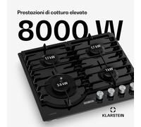 Klarstein Ignito - Piano cottura a gas da 8 kW con supporti in ghisa, timer e controllo della temperatura