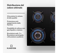 Klarstein Goldflame 4 - Piano cottura a gas, 4 fuochi, autonomo, metano/propano, acciaio inox