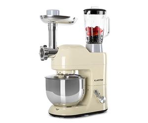 Klarstein Lucia Morena - Robot da Cucina, Impastatrice, Planetaria con Tritacarne, 2000 W, 5 L, Mixer con Sistema Planetario, Ganci per Pasta, Shaker da 1,5 L, Velocità Regolabile, Crema