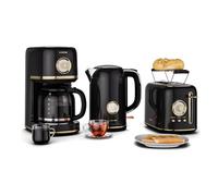 Klarstein Victoria Set per la Colazione Completo - Tostapane 2 Fette 7 Livelli, Bollitore Elettrico 1.7L, Macchina da Caffè con Filtro 12 Tazze, Design Retrò, Supporto Panini, Caraffa in Vetro, Nero