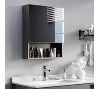 kleankin Armadietto a specchio, pensile con porta a specchio, armadietto da bagno, con 2 ripiani interni e 1 ripiano aperto, da parete, in acciaio inox, vetro, nero, 46 x 13,5 x 58 cm