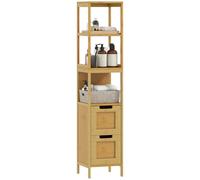 kleankin Armadio da bagno alto, colonna da bagno stretta con 3 ripiani e 2 cassetti in bambù, stile moderno, 30 x 30 x 144,3 cm, naturale