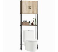 kleankin Mobile sopra WC, organizer sopra WC con 2 ante, ripiano regolabile, ripiano aperto, scaffale da bagno sopra WC per spazi ridotti, 64x19x178 cm, naturale