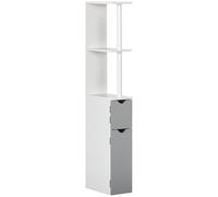 kleankin Mobiletto Bagno Salvaspazio a Colonna con 2 Ripiani e 2 Armadietti, Colonna Bagno in Legno per Salotto, Soggiorno, 15.2x29.8x118 cm, Bianco e Grigio