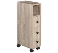 Kleankin Mobiletto da bagno Mobili da bagno con ruote universali 2 Freni Ripiani Mobiletto Cassetto 18X30X68,5 cm Legno di quercia