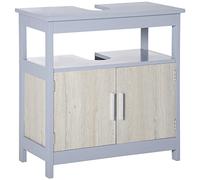 kleankin Mobiletto Sottolavabo Bagno con Armadietto a Due Ante e Ripiano Aperto in Legno, 60x30x62cm, Grigio e Legno Naturale