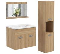 kleankin Set di mobili da bagno, 4 pezzi, montaggio a parete, con specchio, mobile sotto lavabo, lavabo in ceramica e armadio a colonna alta, ripiani regolabili, stile moderno, legno naturale