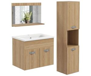 kleankin Set di mobili da bagno, 4 pezzi, montaggio a parete, con specchio, mobile sotto lavabo, lavabo in ceramica e armadio a colonna alta, ripiani regolabili, stile moderno, legno naturale