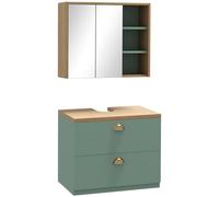 kleankin Set di mobili per il bagno mobile specchio + pensile con ripiani regolabili 2 cassetti design scandinavo verde