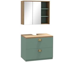 kleankin Set di mobili per il bagno mobile specchio + pensile con ripiani regolabili 2 cassetti design scandinavo verde