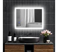 kleankin Specchio Bagno con Luce LED 80x60 cm, 3 Colori Luce, 3000-6500K, Interruttori Touch, Specchio da Parete Antideflagrante con Luminosità Regolabile, Funzione Memoria, Antiappannamento