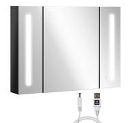 kleankin Specchio Bagno Contenitore, Armadietto con Specchio da Bagno a Parete in MDF con 3 Armadietti, 3 Ripiani e Luce LED, 90x15x65 cm, Nero