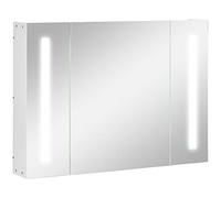 kleankin Specchio Bagno Contenitore, Armadietto con Specchio da Bagno a Parete in MDF con 3 Armadietti, 3 Ripiani e Luce LED, 90x15x65 cm, Bianco