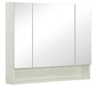 kleankin Specchio Bagno Contenitore con 3 Ante Soft Close, 90x15x75 cm Mobile Bagno con Specchio, Ripiani Regolabili, Scomparto Aperto, Mobilettto Bagno da Parete Salvaspazio in Vetro, Effetto Legno