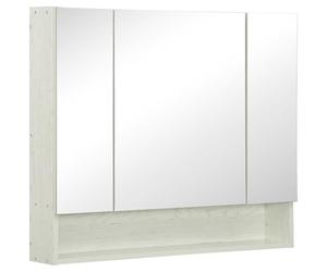 kleankin Specchio Bagno Contenitore con 3 Ante Soft Close, 90x15x75 cm Mobile Bagno con Specchio, Ripiani Regolabili, Scomparto Aperto, Mobilettto Bagno da Parete Salvaspazio in Vetro, Effetto Legno