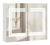 kleankin Specchio Bagno Contenitore con Luce LED, 80x15x65 cm Mobile Bagno con Specchio, Ante Soft Close, Dimmerabile a 3 Colori, Ripiani Regolabili, Interruttore Touch, Bianco Lucido