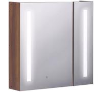 kleankin Specchio Bagno Contenitore con Luci LED Regolabili, Armadietto Bagno con 2 Ante a Specchio e Mensola Regolabile, 70x15x65cm, Marrone