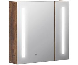 kleankin Specchio Bagno Contenitore con Luci LED Regolabili, Armadietto Bagno con 2 Ante a Specchio e Mensola Regolabile, 70x15x65cm, Marrone