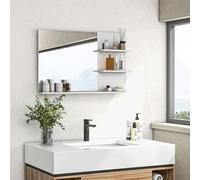 kleankin Specchio Bagno Moderno con 2 Ripiani Laterali e Ripiano Inferiore, Specchio da Parete in MDF e Vetro, 75x10x48 cm, Bianco
