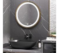 kleankin Specchio Bagno Rotondo con Luce LED Ø60 cm, 3 Colori Luce, 3000-6500K, Specchio da Parete con Luminosità Regolabile, Funzione Memoria, Interruttori Touch, Display dell'ora e Temperatura, Oro