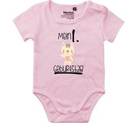 Kleckerliese Body vintage per bambini, a maniche corte con motivo "Il mio 1° compleanno, motivo: animali e gatti, Rosa chiaro, 86