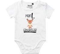 Kleckerliese Body vintage per bambini e bambine, a maniche corte con motivo il mio 1° compleanno, motivo animali, alce cervo, bianco, 74