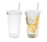 Kleemeiero 2 Pezzi Bicchiere Vetro Con Cannuccia e Coperchio 380ML - Tazze Caffe Vetro per Acqua, Soda, Succhi di Frutto, Birra, Caffè (Colore Trasparente)