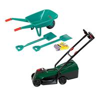 klein Theo - Kit da giardinaggio Bosch con carriola 4 pezzi e tosaerba Rotak Bosch con suono e luce
