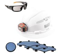 Klein Tools 80084 Kit elmetto rigido e accessori, cappello rigido a tesa piena ventilato, faro, fascia tergisudore, imbottitura superiore e occhiali di sicurezza oscurati, 5 pezzi, nero, M