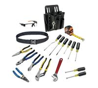 Klein Tools 80118 - Kit di attrezzi per elettricista con utensili manuali Klein Tools e protezione per gli occhi, fornito in custodia in pelle con 10 tasche, 18 pezzi