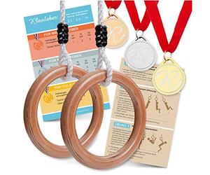 KLEINTOBER Anelli da ginnastica in legno di alta qualità, per bambini e adulti, per esterni e interni, altezza regolabile, con istruzioni per il fitness e lo sport, inclusi