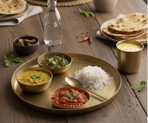 KLEO Kansa - Set di 6 piatti Thali in bronzo, 1 piatto, 2 ciotole, 1 bicchiere, 1 cucchiaio e 1 piatto per dolci, set di utensili in bronzo per un'autentica collezione indiana da pranzo, stoviglie in