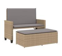KLGBNCVE Panca da giardino con cuscino e sgabello, in polyrattan beige | Divano da giardino e divano letto 2 in 1, schienale regolabile, poggiapiedi come seduta, massimo 110 kg per seduta
