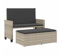 KLGBNCVE Panca da giardino con cuscino e sgabello, in polyrattan grigio | Divano letto da giardino 2 in 1, panca a 2 posti, schienale regolabile, poggiapiedi, massimo 110 kg per seduta