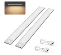 Klighten 2 Pezzi 40cm Luce Led Sottopensile Cucina Ricaricabile, Luce Armadio con Sensore di Movimento, 73 LEDs, 3 Modalità, 2200mAh, Led Armadio Magnetica, Bianco caldo 3000K, Argento