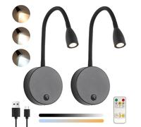 Klighten 2 Pezzi Lampada da Lettura Parete Senza fili Dimmerabile con Telecontrollo, Batteria 2W LED Luce da Lettura, Faretto Lettura Ricaricabile USB Applique Lettura, 200LM, 3000/4500/6000K, Nero