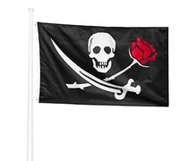 KliKil Bandiera Pirati 150x90 Jolly Roger con rosa - Bandiera Pirata tessuto da esterno, resistente alle intemperie con 2 occhielli metallici. Pirate with Rose Flag giardino decorazioni