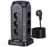 KLINTOS Ciabatta Multipresa, Torretta Multipresa con 12 prese e 4 USB-A & 2 USB C, Multipresa Verticale con 3 interruttori indipendenti, 1500J protezione sovratensione multipresa con cavo da 2 metri