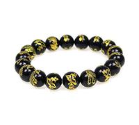 KLIYBGTHIJTP Braccialetto elastico da uomo e donna, 10 mm, in agata nera intagliata con perle di fenice
