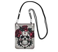 KLJnmbb Borsa a tracolla per telefono cellulare con stampa di teschi con rose rosse, accessorio da viaggio, Nero , Taglia unica