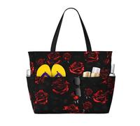 KLJnmbb Borsa da viaggio da spiaggia con stampa di rose rosse e nere, impermeabile, con tasche multiple, leggera, pieghevole, riutilizzabile