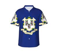 KLJnmbb Camicia hawaiana con stampa della bandiera dello stato del Connecticut, morbida, da uomo, a maniche corte, con bottoni, per vacanze al mare, Nero , 3XL