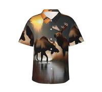 KLJnmbb Camicia hawaiana con stampa di cervo orso alce morbida da uomo a maniche corte abbottonata camicia per vacanze al mare, Nero , L