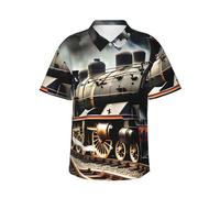 KLJnmbb Camicia hawaiana con stampa di treno locomotiva a vapore, morbida, da uomo, a maniche corte, con bottoni, per vacanze al mare, Nero , XXL