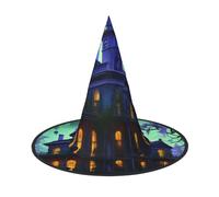KLJnmbb Cappello da strega per Halloween, unisex, per adulti e ragazzi, con stampa di una casa infestata, per feste di carnevale, costumi