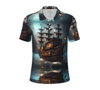 KLJnmbb Fantasy Pirate Nave Stampa Traspirante Polo Uomo Elegante Manica Corta Gite Casual Regali Festa del Papà, Nero , XXL