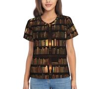KLJnmbb Maglietta casual da donna classica a maniche corte con stampa di libreria, morbida, adatta per lavoro e ufficio, Nero , L